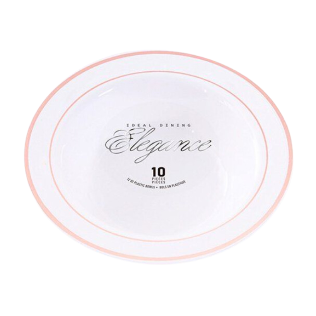 Bulk Order: 120 COUNT, Elegance Bowls, White with Rose Gold 2-Line Stamp, 12oz - (12 packs of 10 bowls per case)