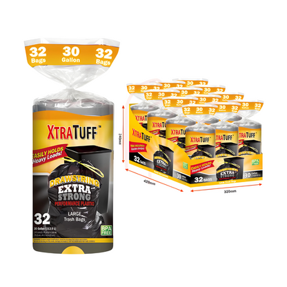 Bulk Order: 384 COUNT, XtraTuff Trash Bag Drawstring 30Gallon - (12 Rolls of 32 bags per case)