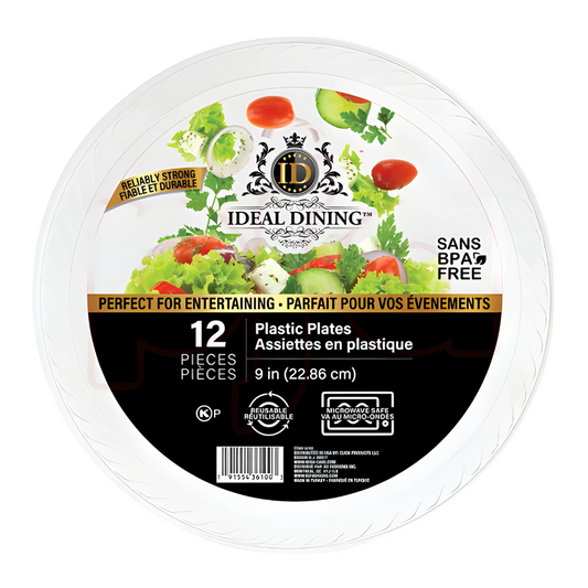 Bulk Order: 432 COUNT, Ideal Dining Plastic Plate White, 9 inches -  (36 packs of 12 plates per case)