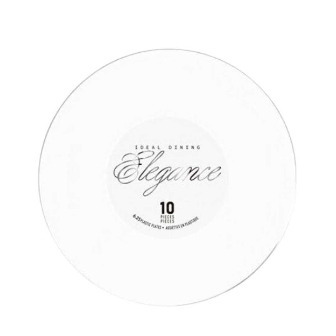 Bulk Order: 120 COUNT, Elegance Plate, 6.3 inches, White with Rim Stamp Silver - (12 packs of 10 Plates per case)