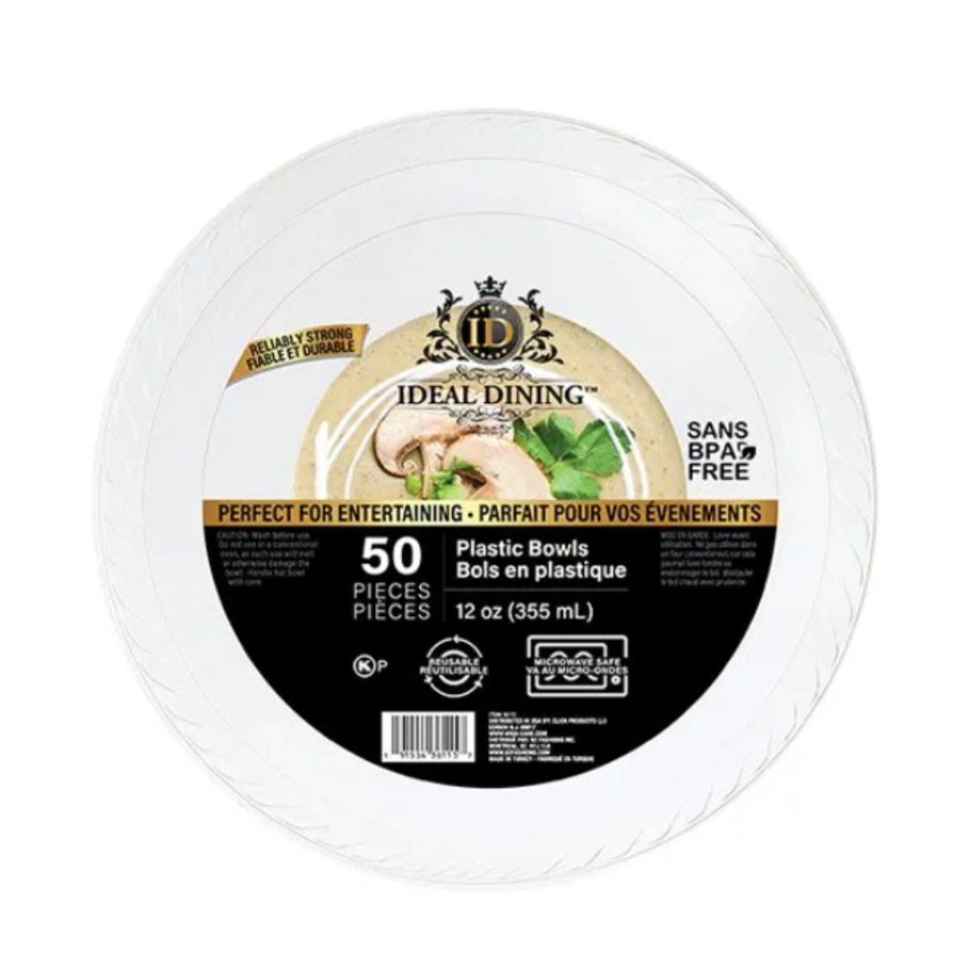 Bulk Order: 600 COUNT, Ideal Dining Plastic Bowls White, 12oz - (12 packs of 50 bowls per case)