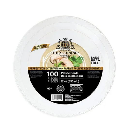 Bulk Order: 400 COUNT, Ideal Dining Plastic Bowls White, 12oz - (4 packs of 100 bowls per case)