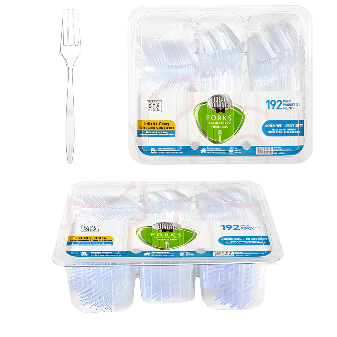 Bulk Order: 768 COUNT, Ideal Dining Clear Forks - (4 packs of 192 pieces of forks  per case)