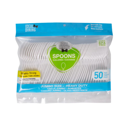 Bulk Order: 1200 COUNT, Ideal Dining Plastic Jumbo Spoons - (24 packs of 50 spoons per case)