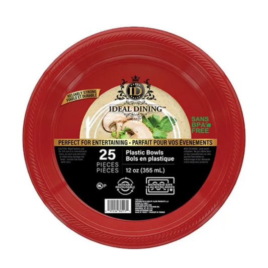 Bulk Order: 600 COUNT, Ideal Dining Plastic Bowl 12oz, Red - (24 packs of 25 bowls per case)