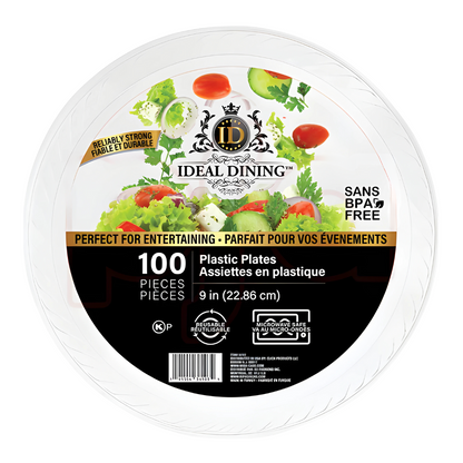 Bulk Order: 400 COUNT,  Ideal Dining Plastic Plate White, 9 inches - (4 packs of 100 plates per case)