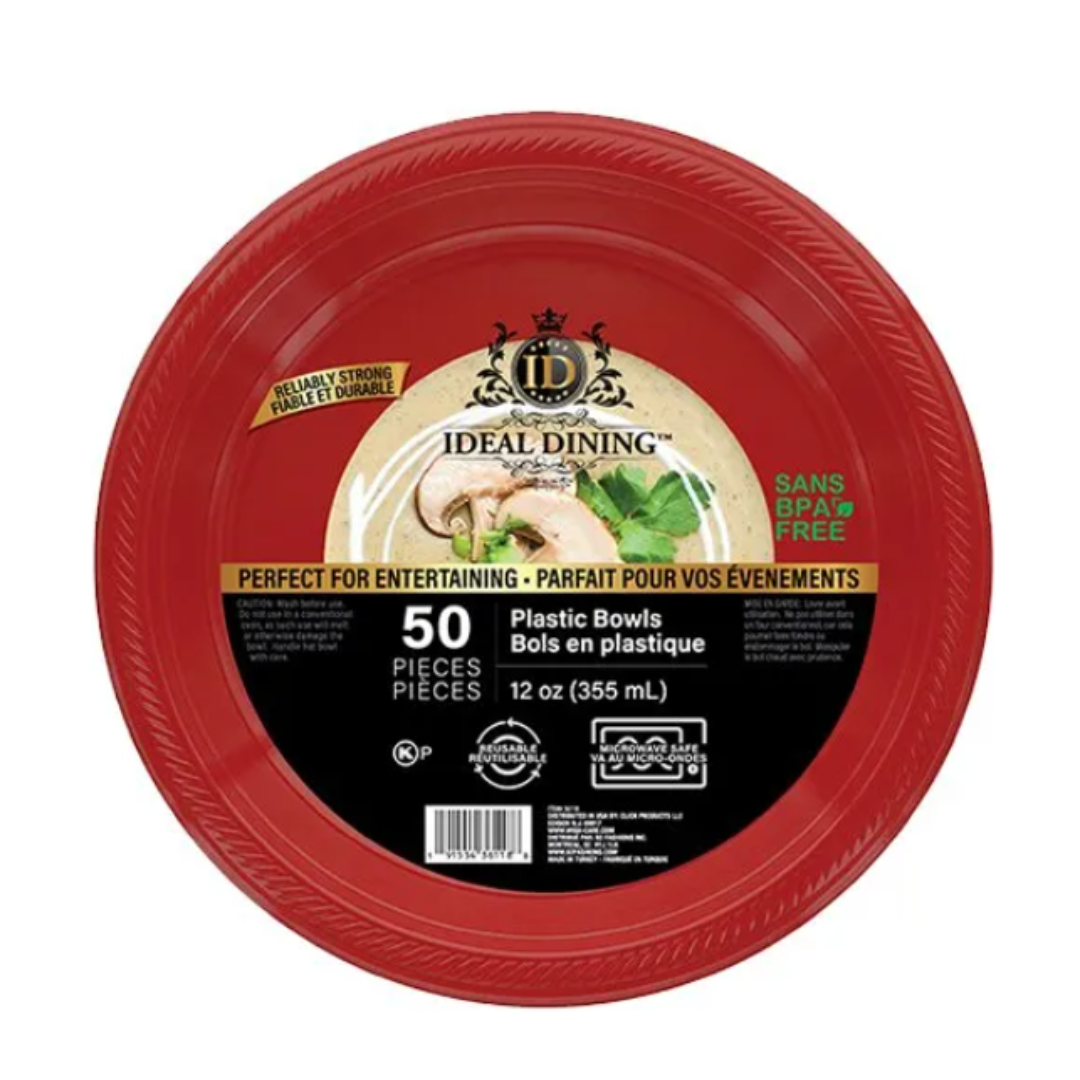 Bulk Order: 600 COUNT, Ideal Dining Plastic Bowls, Red, 12oz - (12 packs of 50 bowls  per case)