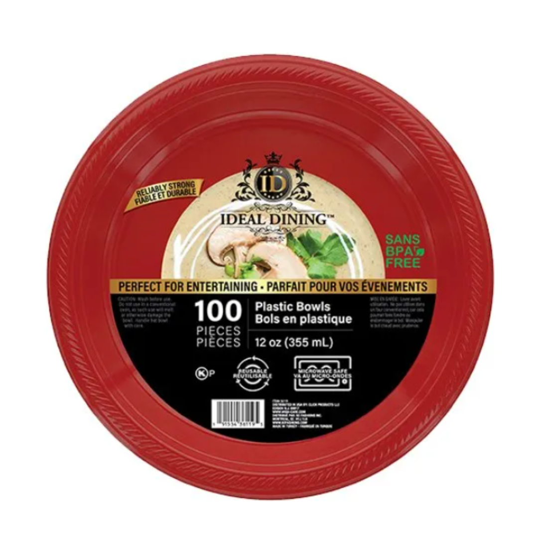 Bulk Order: 400 COUNT, Ideal Dining Plastic Bowl 12oz, Red - (4 packs with 100 Bowls per case)