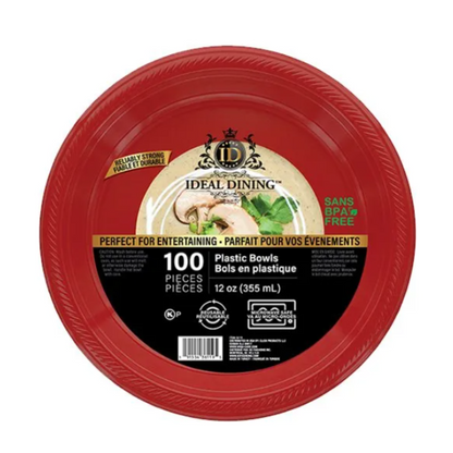 Bulk Order: 400 COUNT, Ideal Dining Plastic Bowl 12oz, Red - (4 packs with 100 Bowls per case)