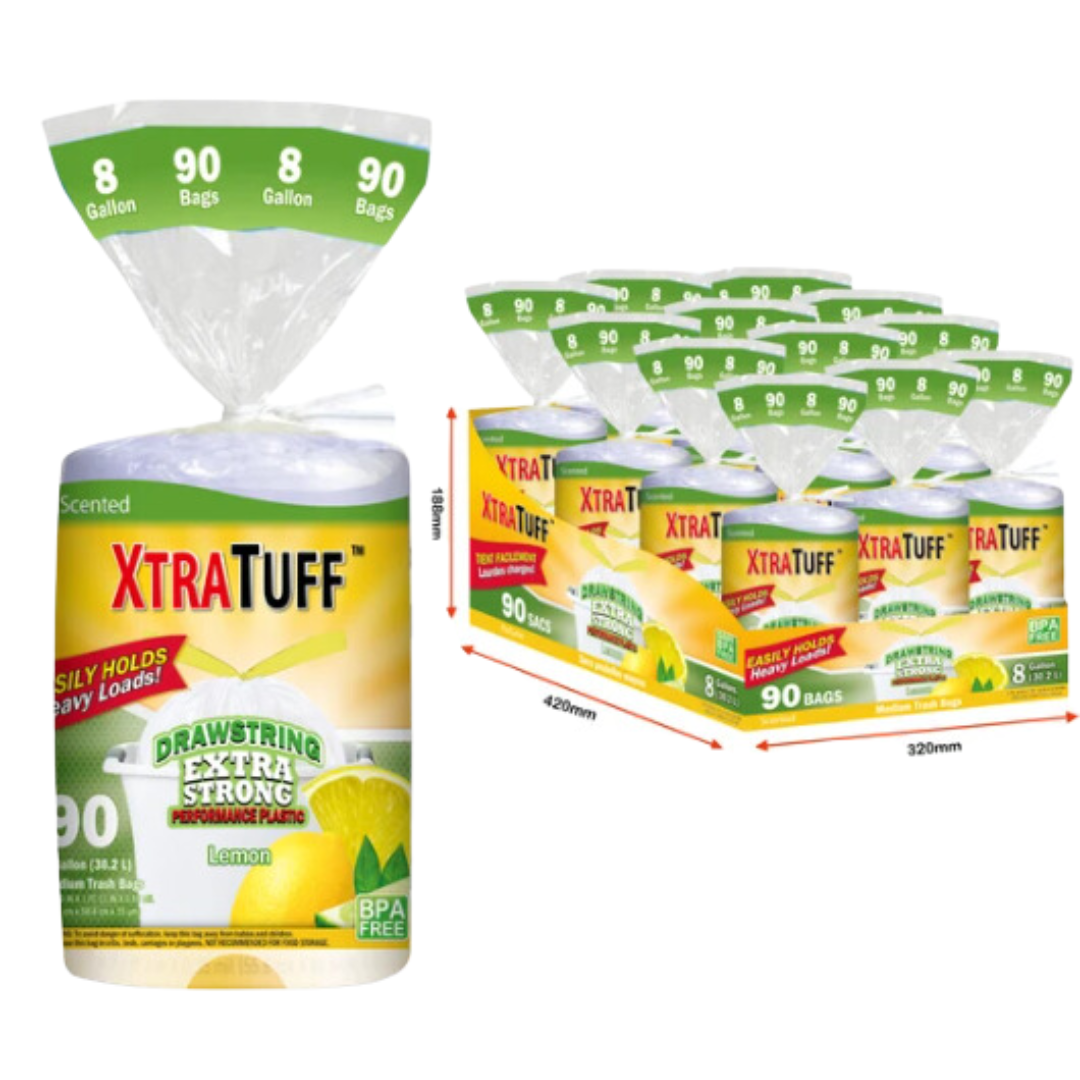 Bulk Order: 1980 COUNT, XtraTuff™ Trash Bag Drawstring Lemon Scent 8 Gallon - (12 Rolls of 90 bags per case)