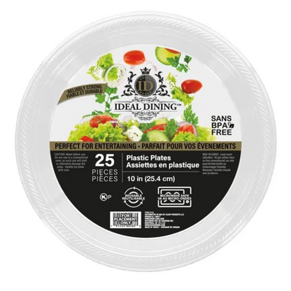 Bulk Order: 600 COUNT,  Ideal Dining Plastic Plate White, 9 inches - (24 packs of 25 plates each per case)