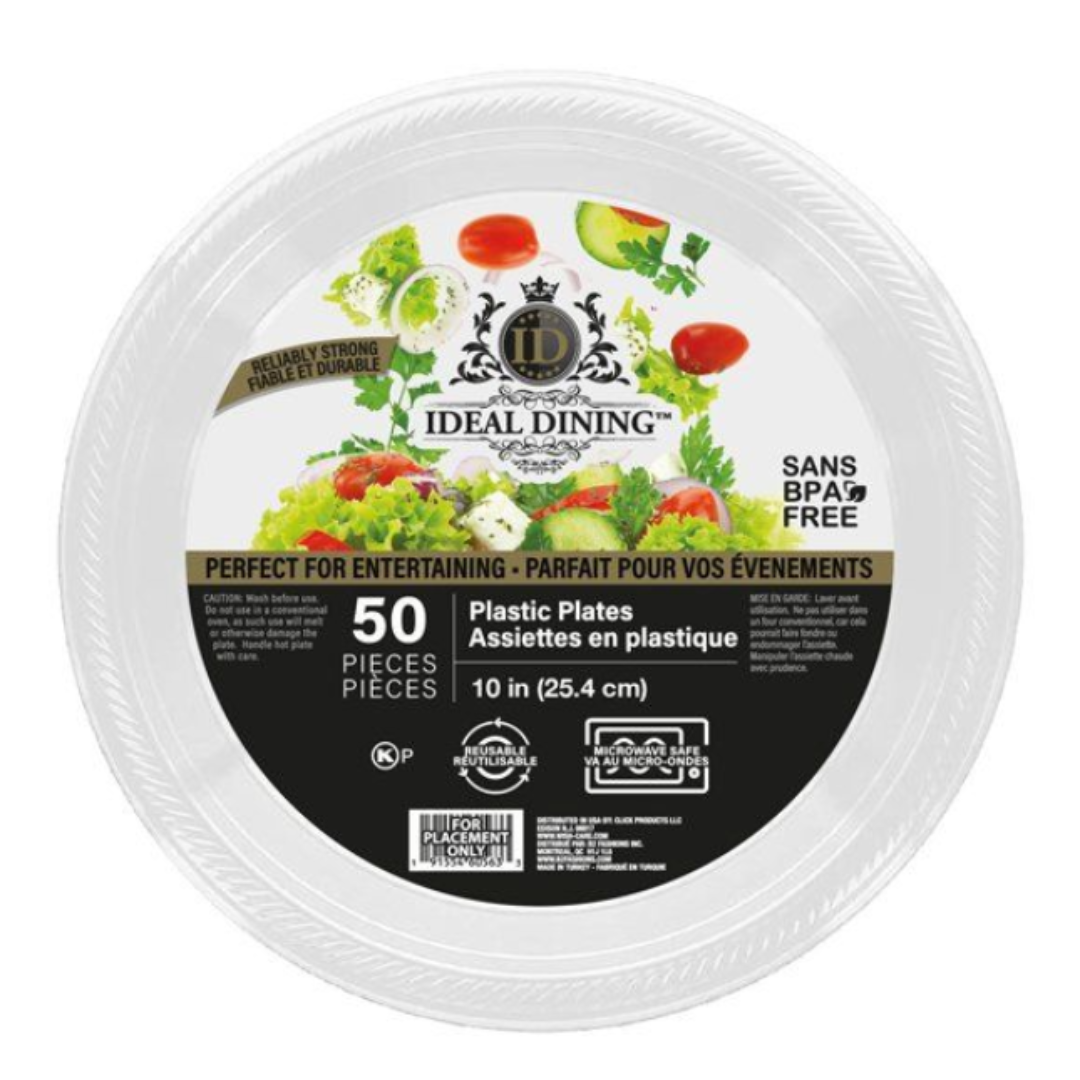 Bulk Order: 600 COUNT, Ideal Dining Plastic Plate White, 10 inches - (12 packs of 50 plates per case)