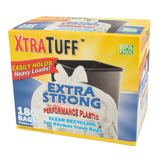 Bulk Order: 1080 COUNT, XtraTuff Trash Bag Box 13 Gal Recycle Clear - (6 Boxes of 180 bags per case)