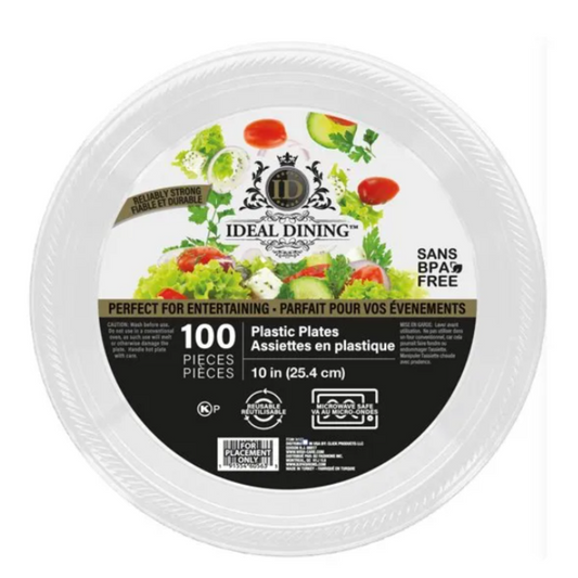 Bulk Order: 400 COUNT, Ideal Dining Plastic Plate White, 10 inches - (4 packs of 100 plates per case)