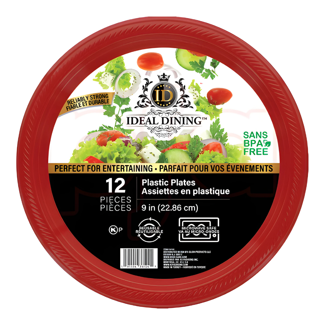 Bulk Order: 432 COUNT,  Ideal Dining Plastic Plate Red, 9 inches (36 packs of 12 plates per case)