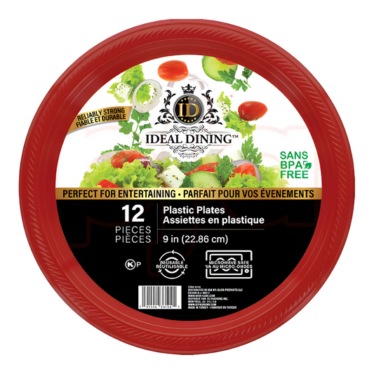 Bulk Order: 432 COUNT,  Ideal Dining Plastic Plate Red, 9 inches (36 packs of 12 plates per case)