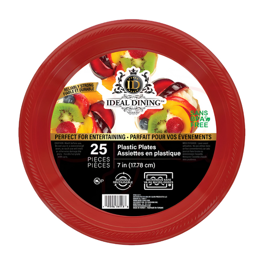 Bulk Order: 600 COUNT,  Ideal Dining Plastic Plates Red, 10 inches - (24 packs of 25 plates per case)