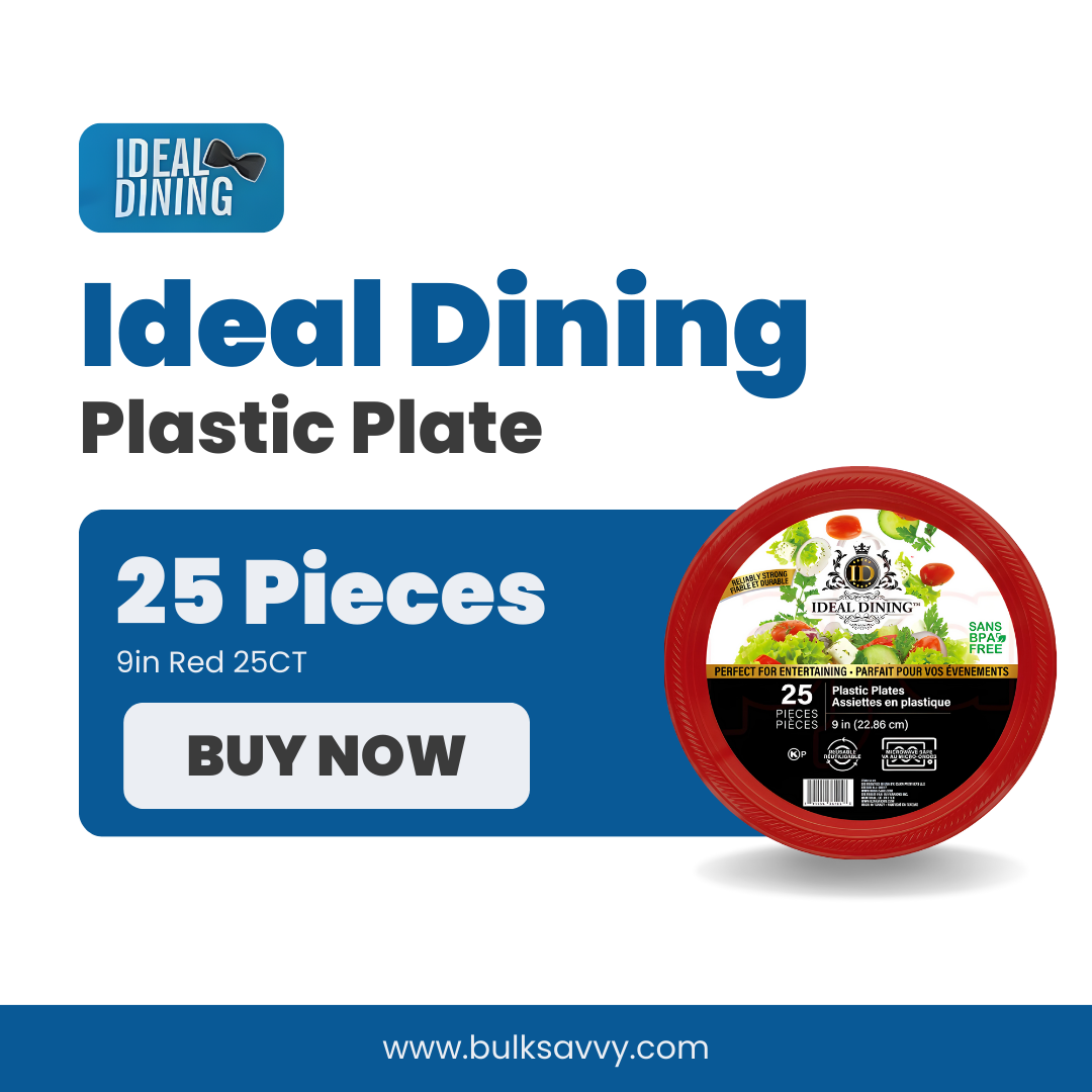 Bulk Order: 600 COUNT,  Ideal Dining Plastic Plate Red, 9 inches - (24 packs of 25 plates each per case)