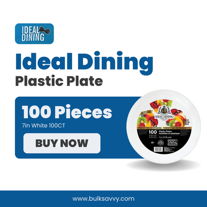 Bulk Order: 400 COUNT,  Ideal Dining Plastic Plate White, 7 inches - (4 packs of 100 plates per case)