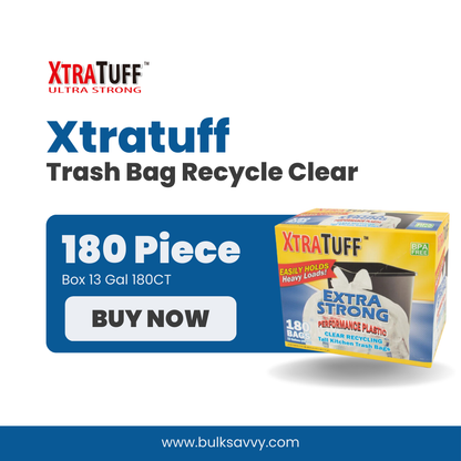 Bulk Order: 1080 COUNT, XtraTuff Trash Bag Box 13 Gal Recycle Clear - (6 Boxes of 180 bags per case)