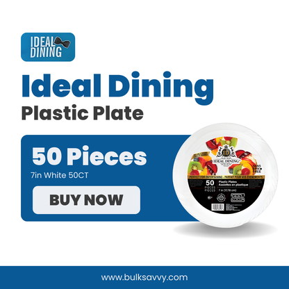 Bulk Order: 600 COUNT, Ideal Dining Plastic Plate White, 7 inches - (12 packs of 50 plates per case)