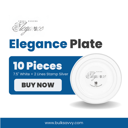 Bulk Order: 120 COUNT, Elegance Plate, 7.5 inches, White with 2 Lines Stamp Silver - (12 Packs of 10 plates per case)