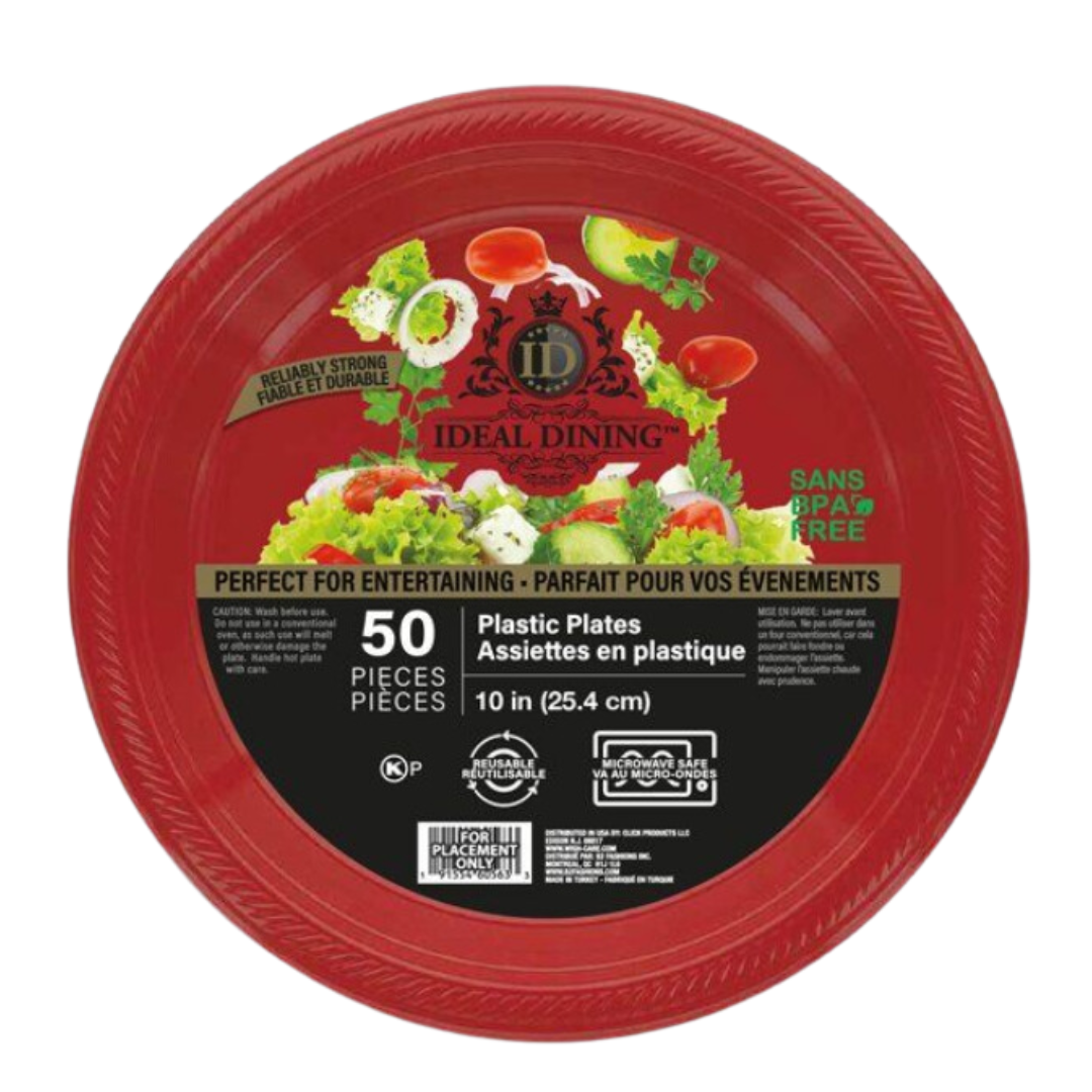 Bulk Order:  600 COUNT, Ideal Dining Plastic Plate Red, 10 inches (12 packs of 50 plates per case)