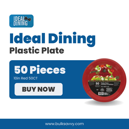 Bulk Order:  600 COUNT, Ideal Dining Plastic Plate Red, 10 inches (12 packs of 50 plates per case)