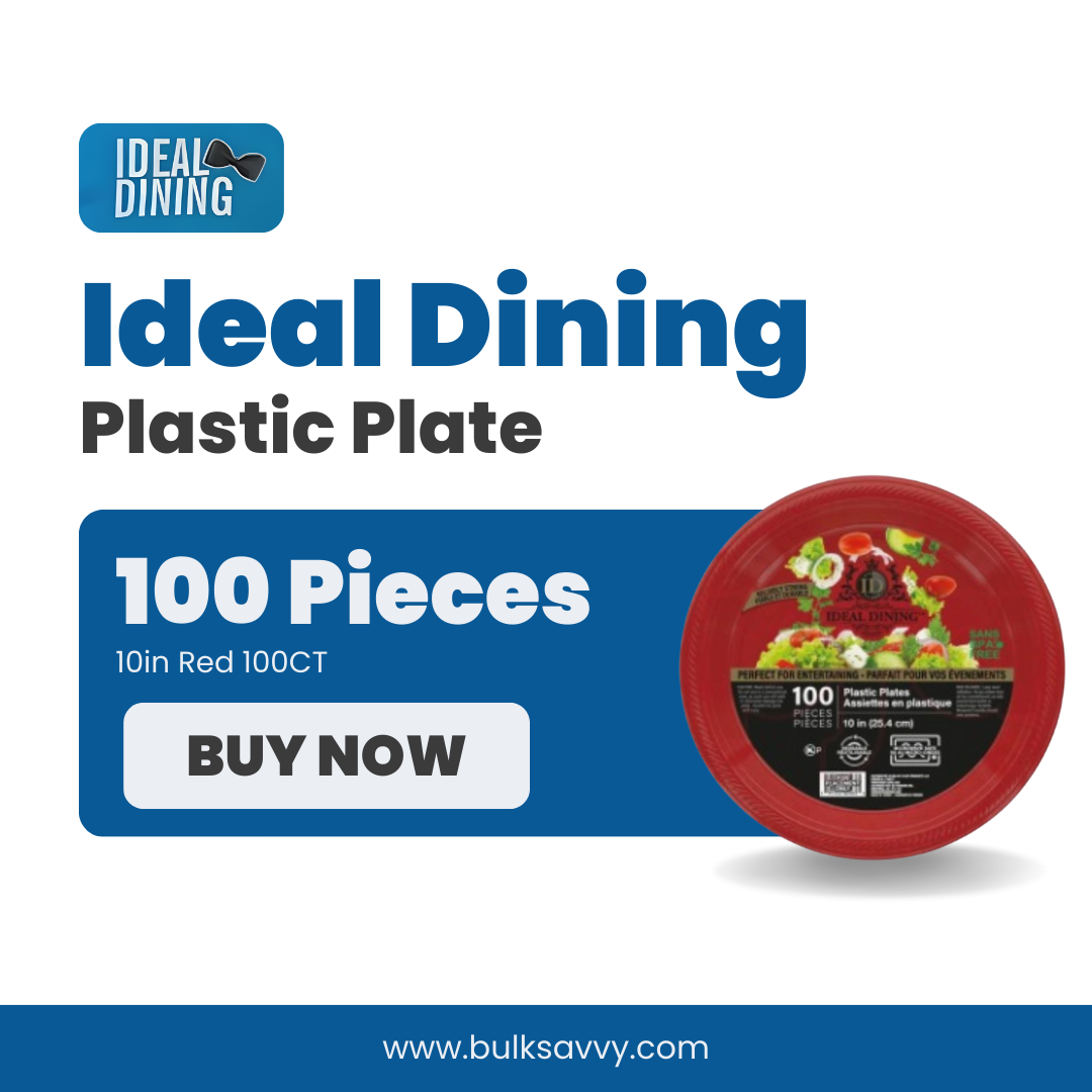 Bulk Order: 400 COUNT,  Ideal Dining Plastic Plates, 10-inch, Red - (4 packs of 100 plates per case)