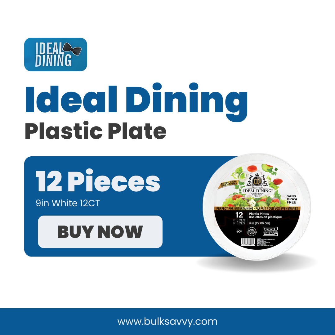 Bulk Order: 432 COUNT, Ideal Dining Plastic Plate White, 9 inches -  (36 packs of 12 plates per case)