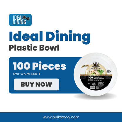 Bulk Order: 400 COUNT, Ideal Dining Plastic Bowls White, 12oz - (4 packs of 100 bowls per case)