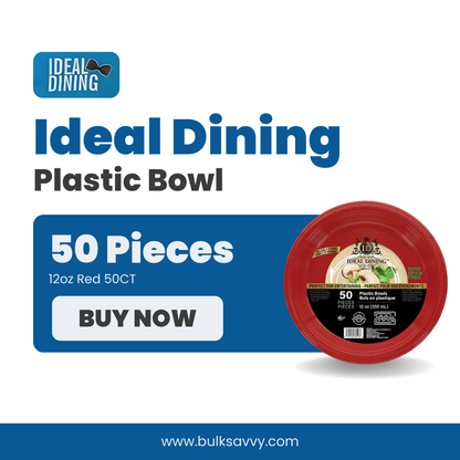 Bulk Order: 600 COUNT, Ideal Dining Plastic Bowls, Red, 12oz - (12 packs of 50 bowls  per case)