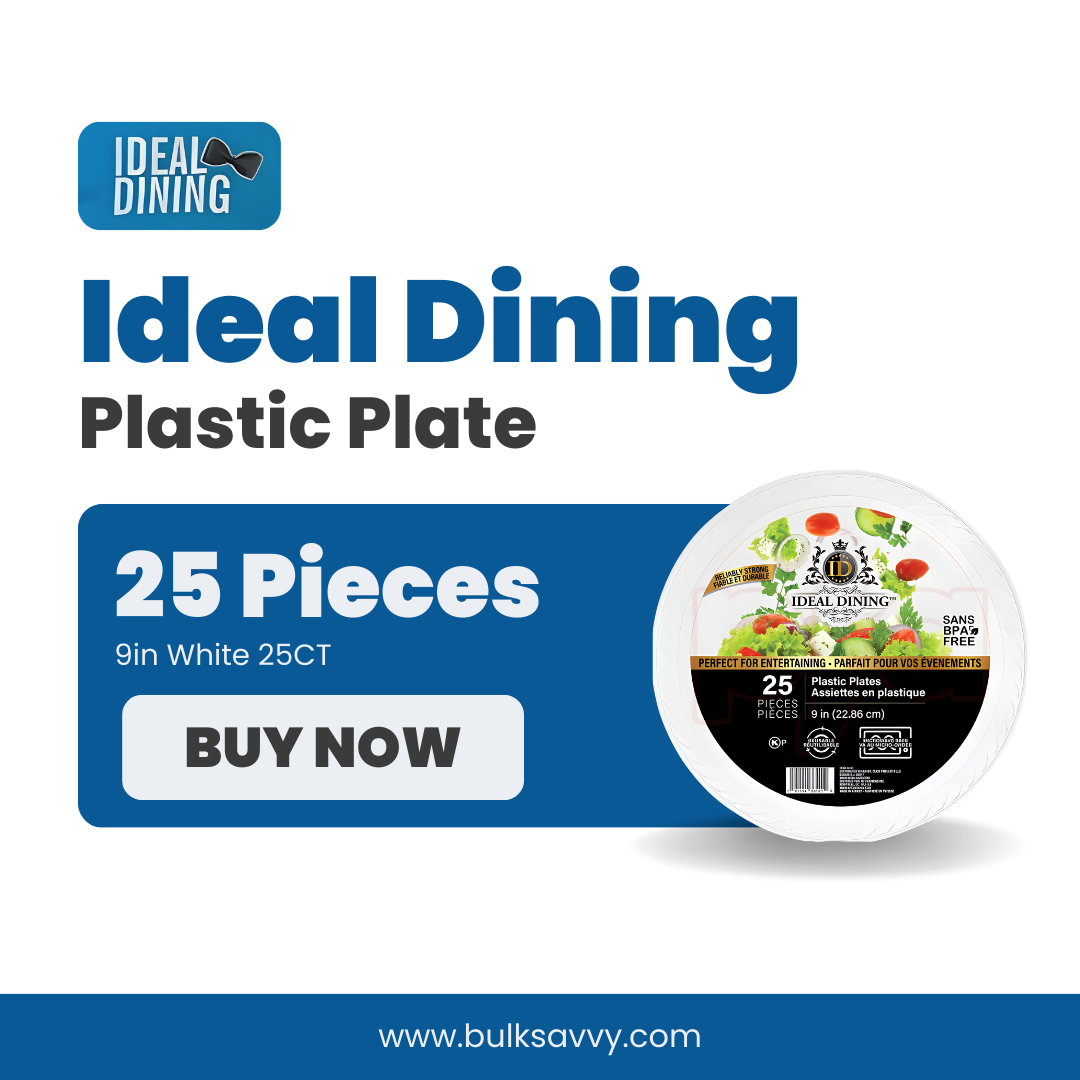 Bulk Order: 600 COUNT,  Ideal Dining Plastic Plate White, 9 inches - (24 packs of 25 plates each per case)