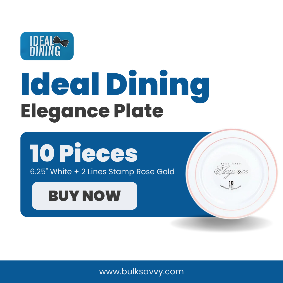 Bulk Order: 120 COUNT, Elegance Plate, 6.25 inches, White with 2 Lines Stamp Rose Gold - (12 packs of 10 plates per case)