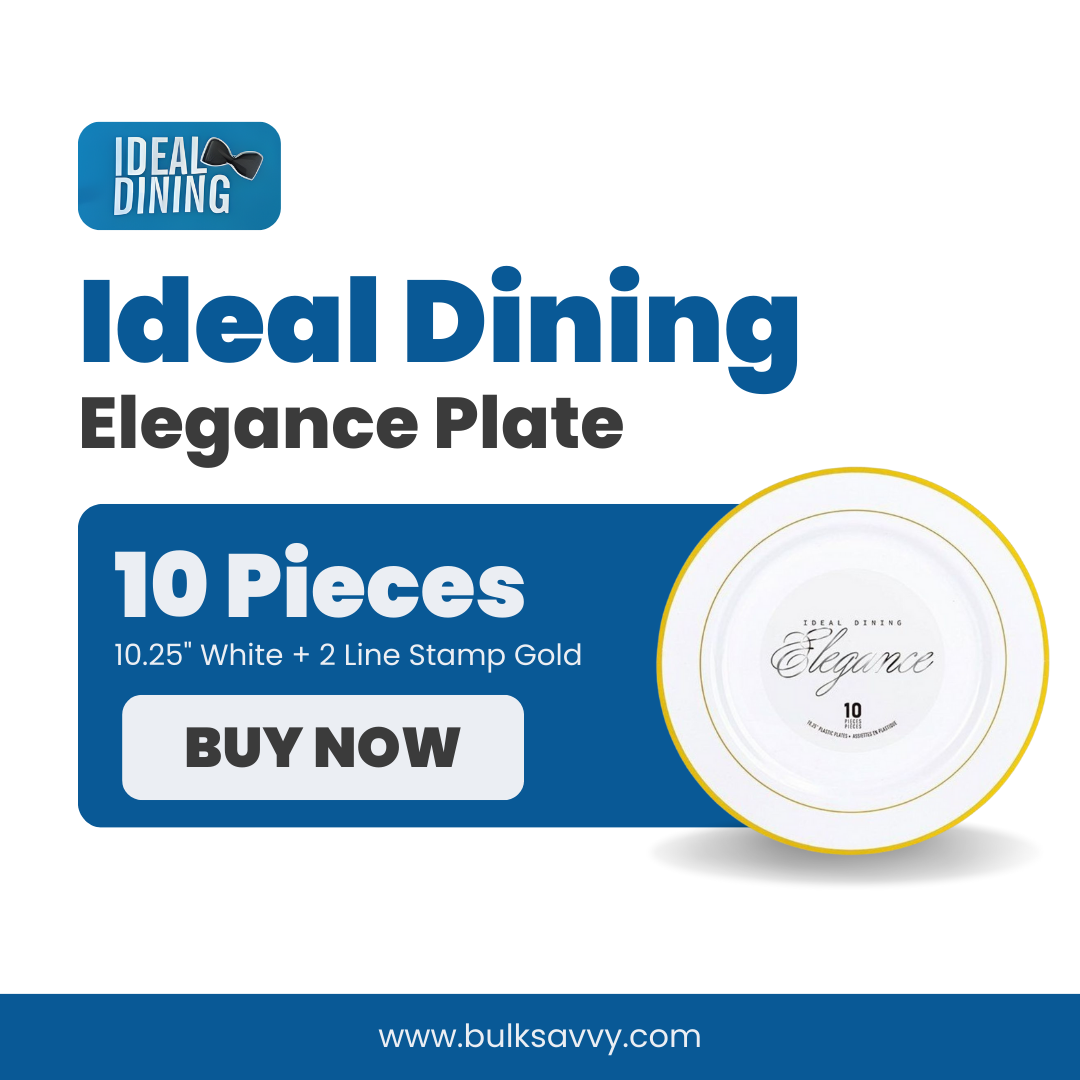 Bulk Order: 120 COUNT, Elegance Plates, 10.25 inches, White with Gold 2-Line Stamp - (12 packs of 10 plates per case)