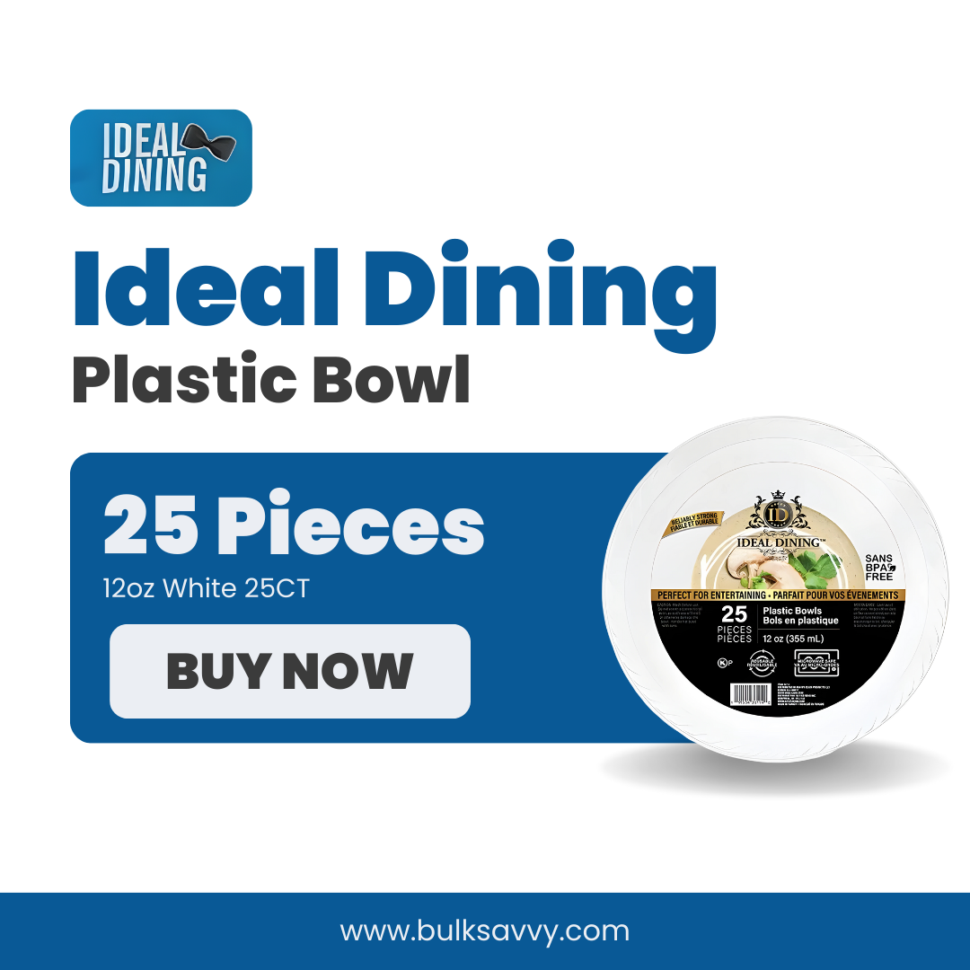 Bulk Order: 600 COUNT, Ideal Dining Plastic Bowls White, 12oz - (24 packs of 25 bowls per case)