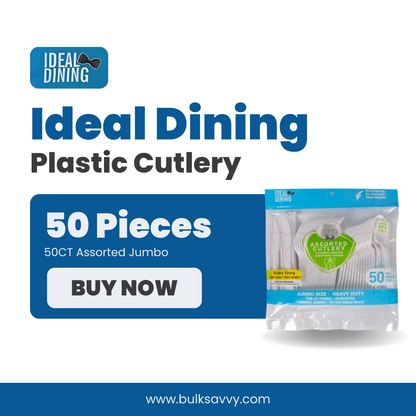 Bulk Order: 1200 COUNT, Ideal Dining Plastic Cutlery Assorted Jumbo - (24 packs with 50 Pieces Jumbo assorted per case)