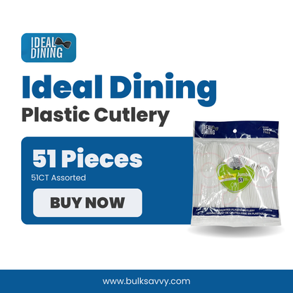 Bulk Order: 2448 COUNT, Ideal Dining Plastic Cutlery - Assorted, (48 packs of 51 assorted pieces per case)