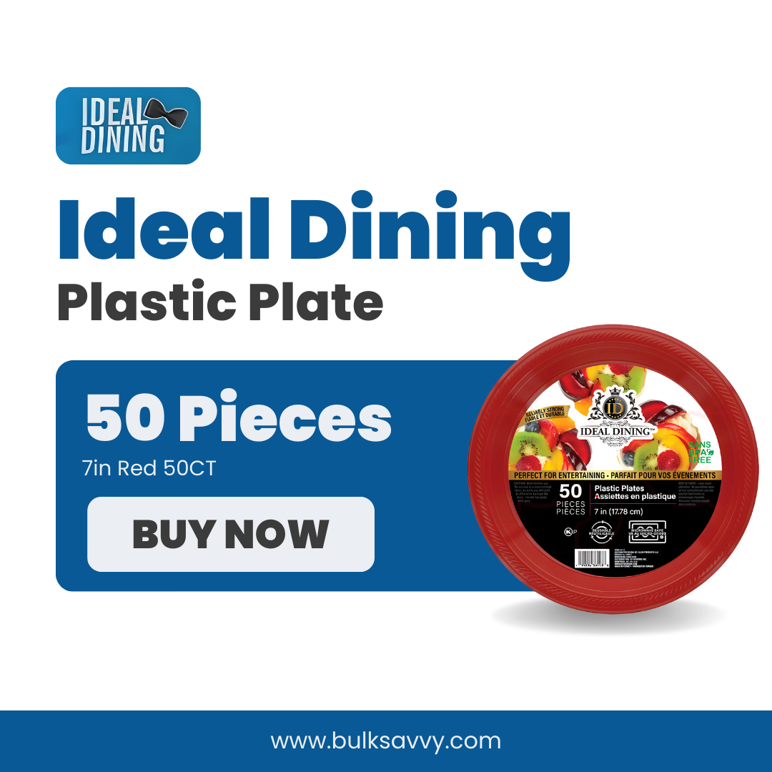 Bulk Order: 600 COUNT, Ideal Dining Plastic Plate Red, 7 inches - (12 packs of 50 plates per case)