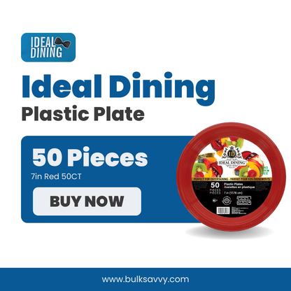 Bulk Order: 600 COUNT, Ideal Dining Plastic Plate Red, 7 inches - (12 packs of 50 plates per case)