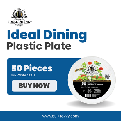 Bulk Order:  600 COUNT, Ideal Dining Plastic Plate White, 9 inches - (12 packs of 50 plates per case)