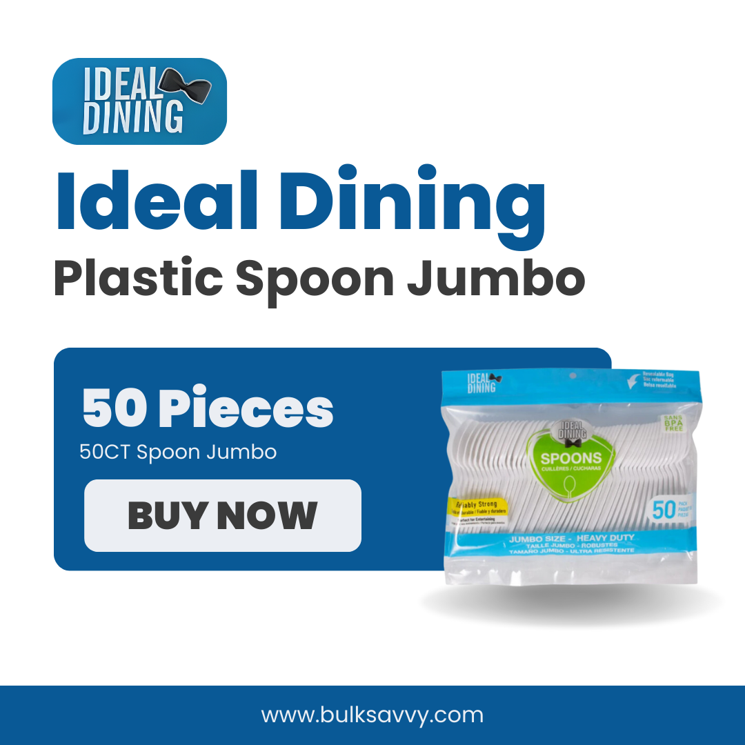 Bulk Order: 1200 COUNT, Ideal Dining Plastic Jumbo Spoons - (24 packs of 50 spoons per case)