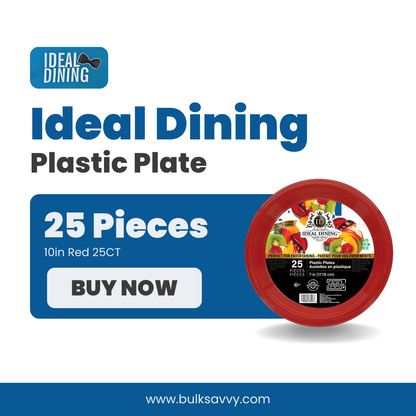 Bulk Order: 600 COUNT,  Ideal Dining Plastic Plates Red, 10 inches - (24 packs of 25 plates per case)