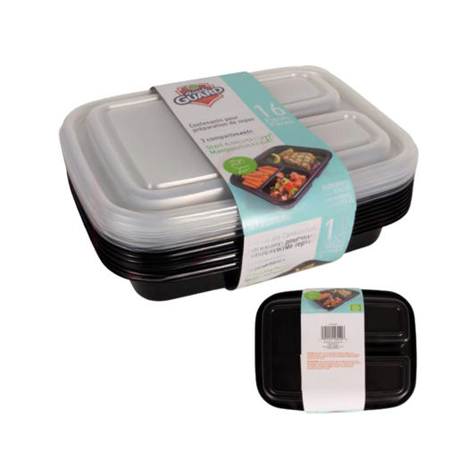 Bulk Order: 192 COUNT, Fresh Guard Plastic Bento Meal Prep Container, 3 Div (12 packs of 16 pieces of containers per case)