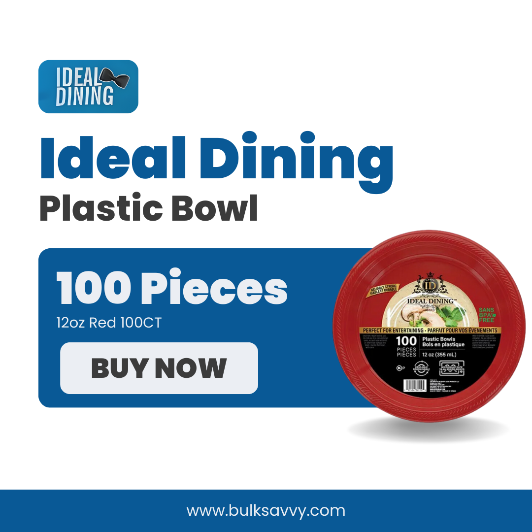 Bulk Order: 400 COUNT, Ideal Dining Plastic Bowl 12oz, Red - (4 packs with 100 Bowls per case)