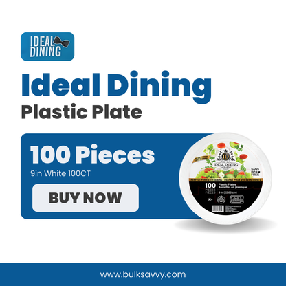 Bulk Order: 400 COUNT,  Ideal Dining Plastic Plate White, 9 inches - (4 packs of 100 plates per case)