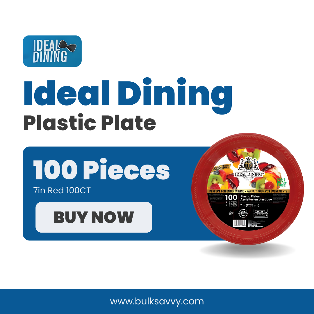 Bulk Order: 400 COUNT,  Ideal Dining Plastic Plate Red, 7 inches - (4 packs of 100 plates per case)