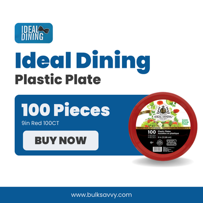 Bulk Order: 400 COUNT, Ideal Dining Plastic Plate Red, 9 inches - (4 packs of 100 plates per case)