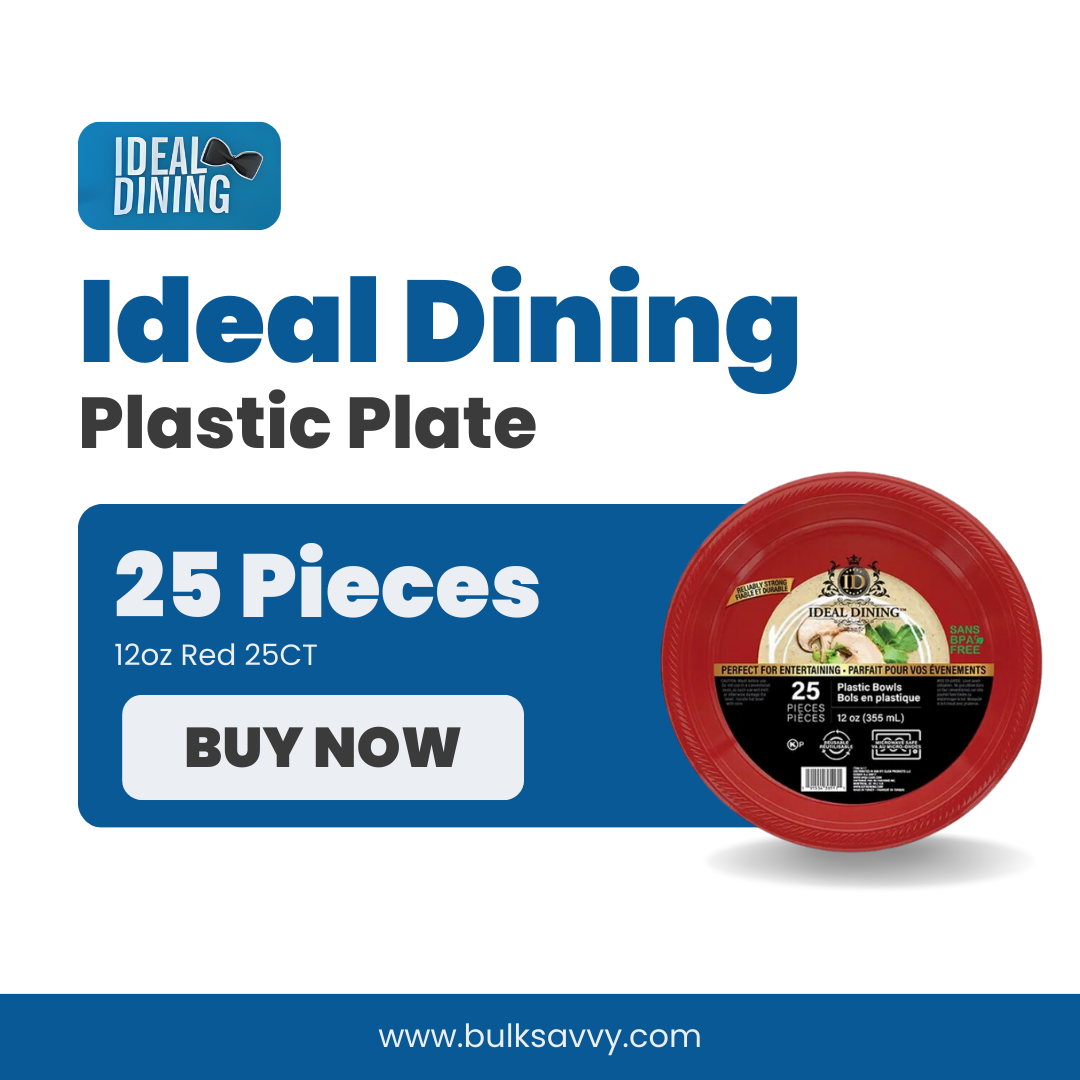 Bulk Order: 600 COUNT, Ideal Dining Plastic Bowl 12oz, Red - (24 packs of 25 bowls per case)