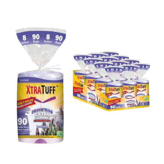 Bulk Order: 1080 COUNT, XtraTuff™ Trash Bag Drawstring Lavender, 8 Gallon - (12 Rolls of 90 bags per case)